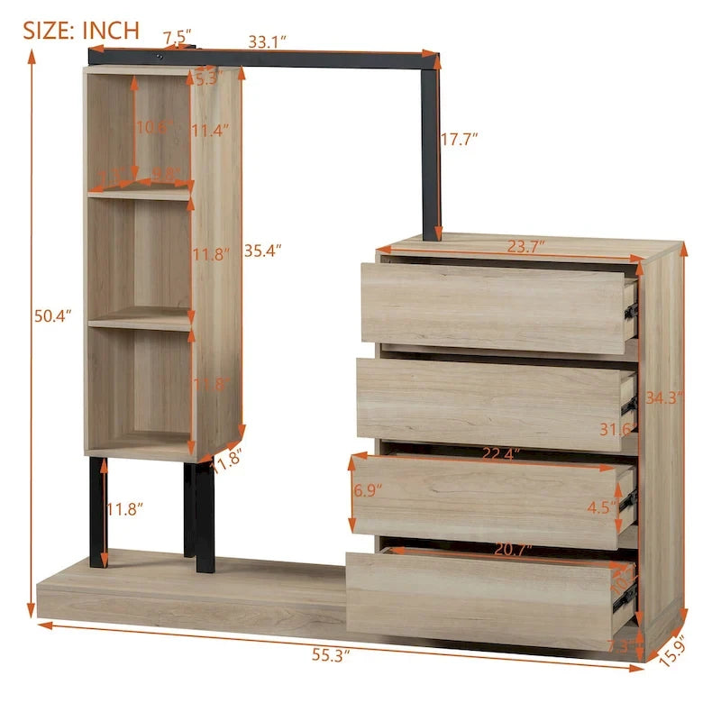 Armoire-penderie ouverte avec 4 tiroirs, 3 étagères et une tringle à vêtements. Armoire en bois autoportante pour chambre à coucher.