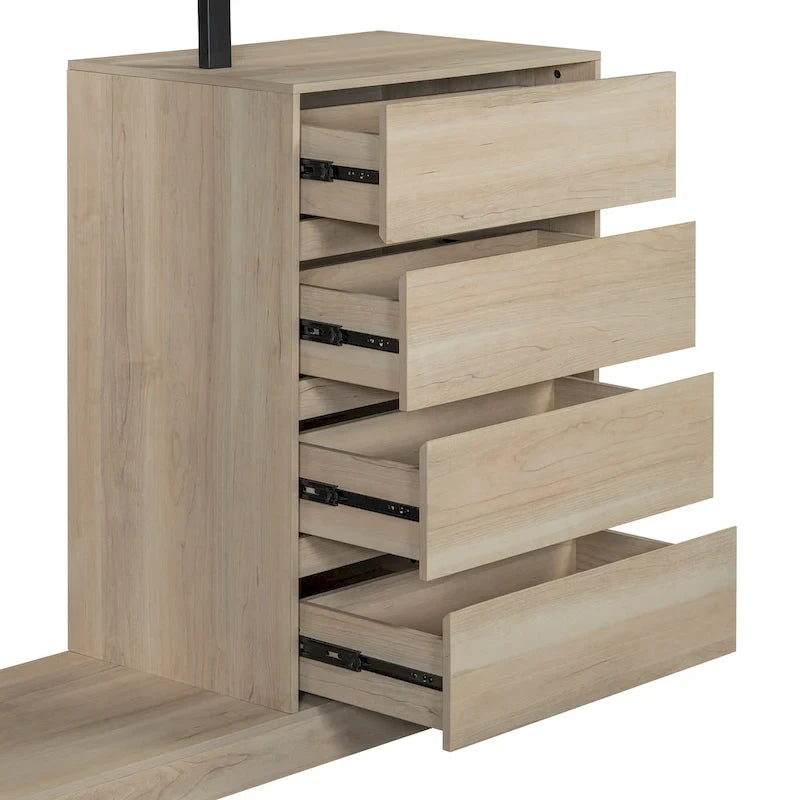 Armoire-penderie ouverte avec 4 tiroirs, 3 étagères et une tringle à vêtements. Armoire en bois autoportante pour chambre à coucher.
