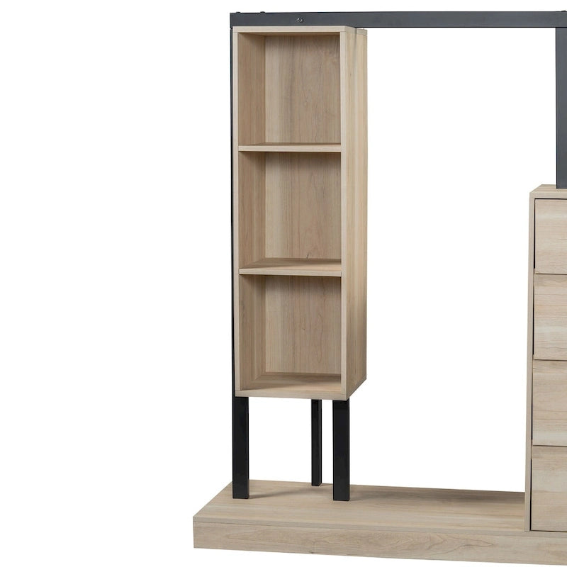 Armoire-penderie ouverte avec 4 tiroirs, 3 étagères et une tringle à vêtements. Armoire en bois autoportante pour chambre à coucher.
