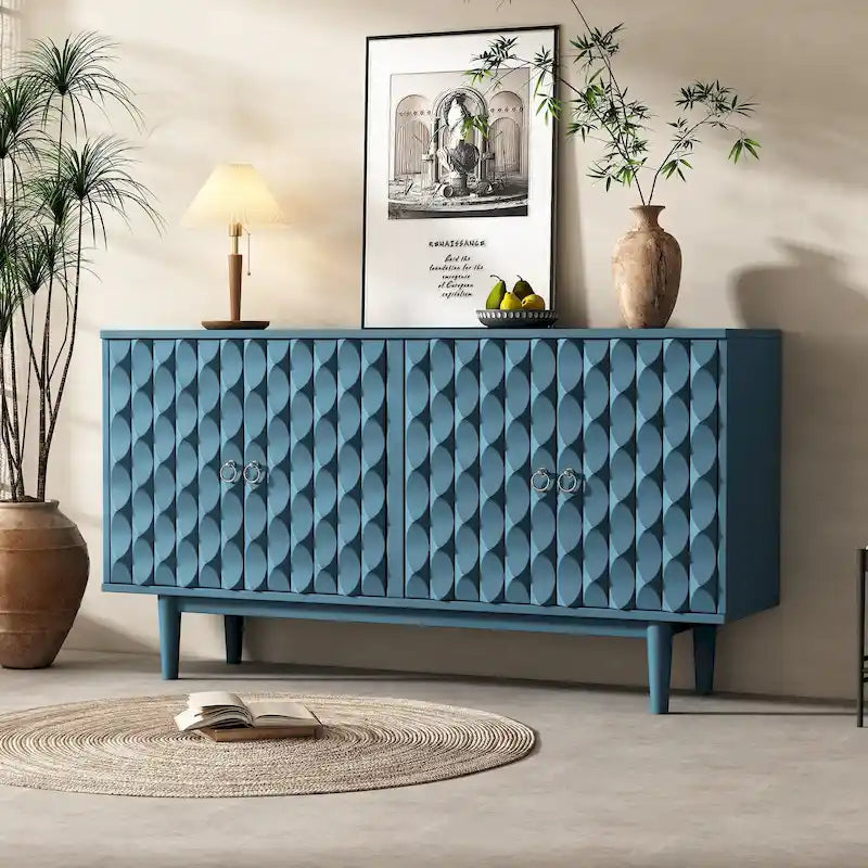 Buffet moderne à 4 portes avec portes à motif convexe et 2 poignées argentées