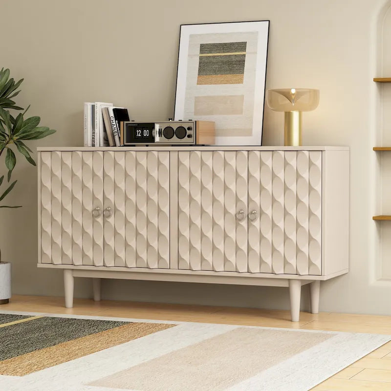 Buffet moderne à 4 portes avec portes à motif convexe et 2 poignées argentées