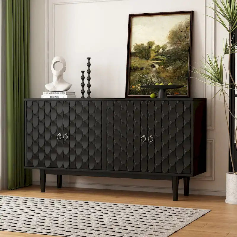Buffet moderne à 4 portes avec portes à motif convexe et 2 poignées argentées