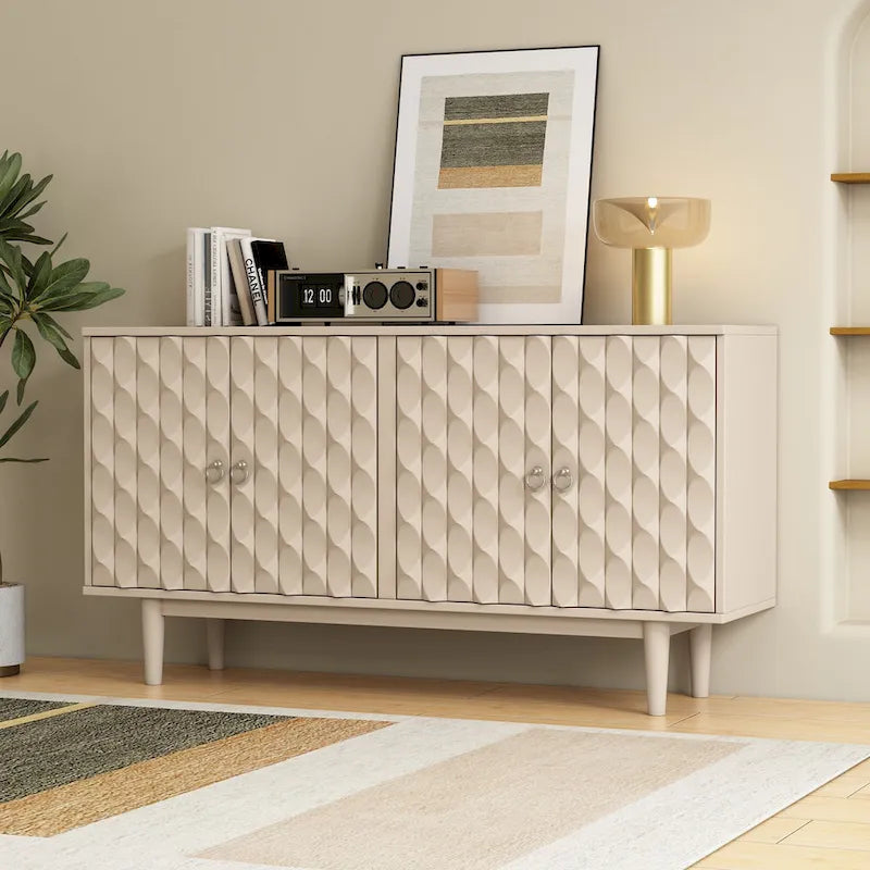 Buffet moderne à 4 portes avec portes à motif convexe et 2 poignées argentées