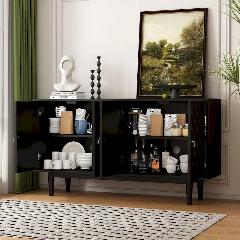 Buffet moderne à 4 portes avec portes à motif convexe et 2 poignées argentées