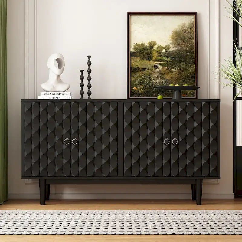 Buffet moderne à 4 portes avec portes à motif convexe et 2 poignées argentées