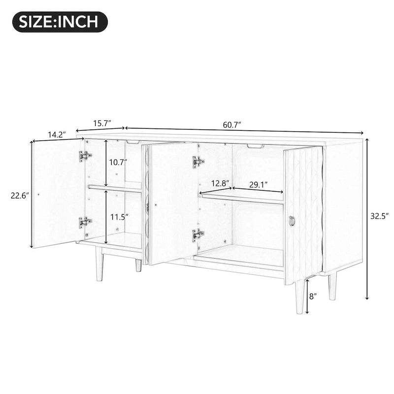 Buffet moderne à 4 portes avec portes à motif convexe et 2 poignées argentées