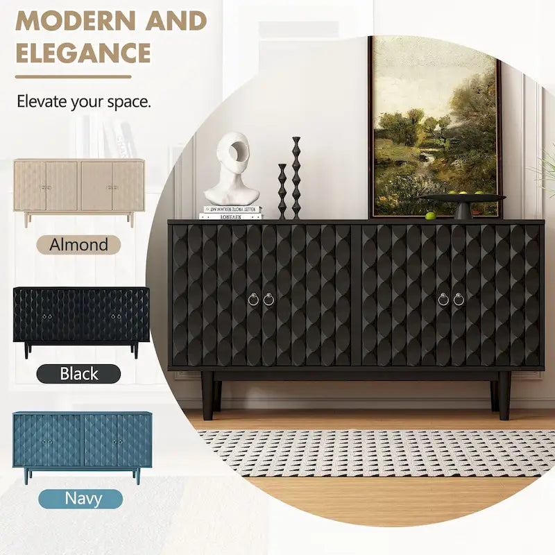 Buffet moderne à 4 portes avec portes à motif convexe et 2 poignées argentées