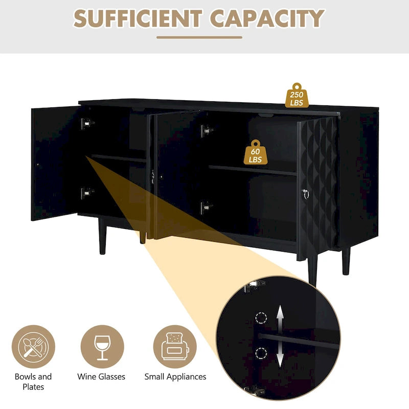 Buffet moderne à 4 portes avec portes à motif convexe et 2 poignées argentées