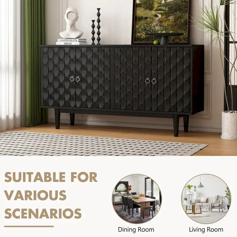 Buffet moderne à 4 portes avec portes à motif convexe et 2 poignées argentées
