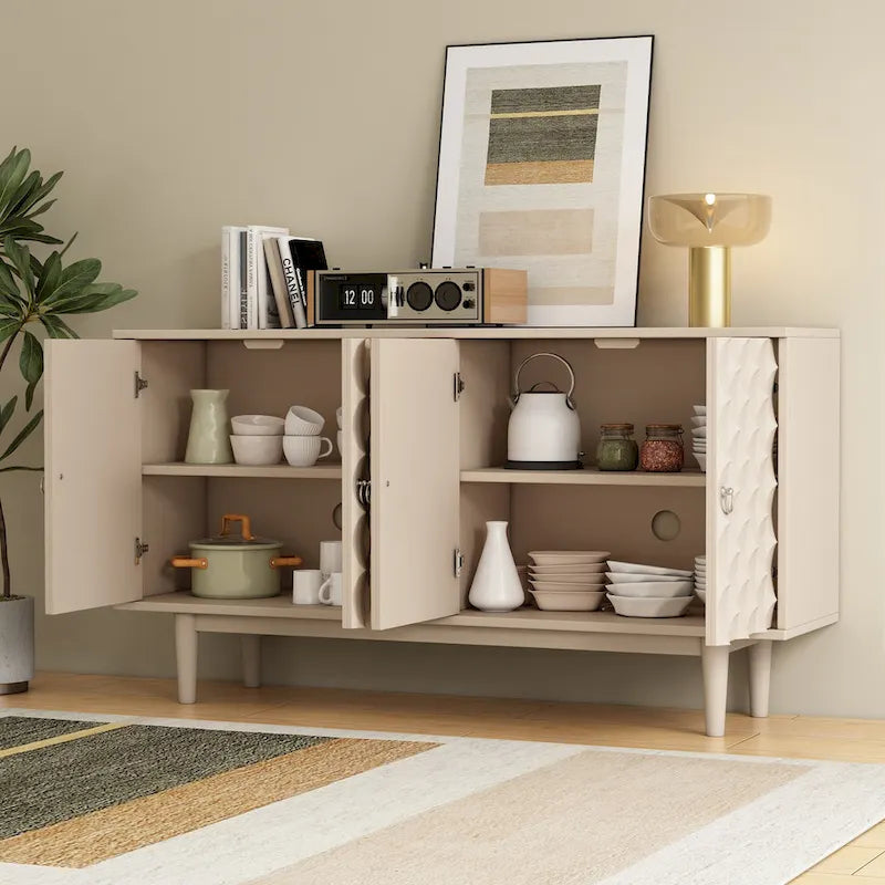 Buffet moderne à 4 portes avec portes à motif convexe et 2 poignées argentées