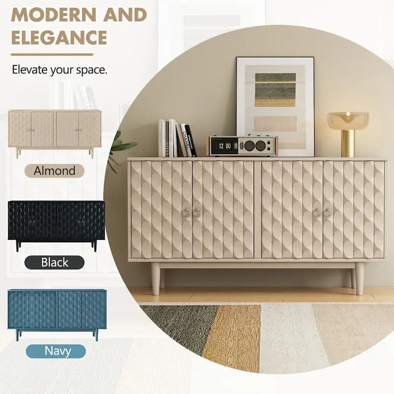 Buffet moderne à 4 portes avec portes à motif convexe et 2 poignées argentées