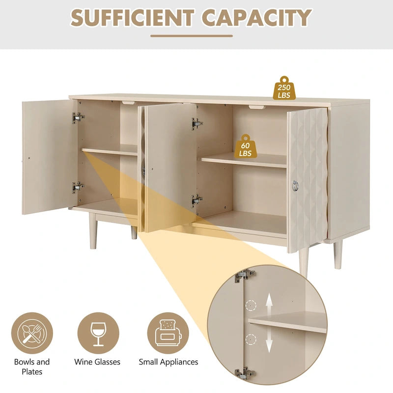 Buffet moderne à 4 portes avec portes à motif convexe et 2 poignées argentées