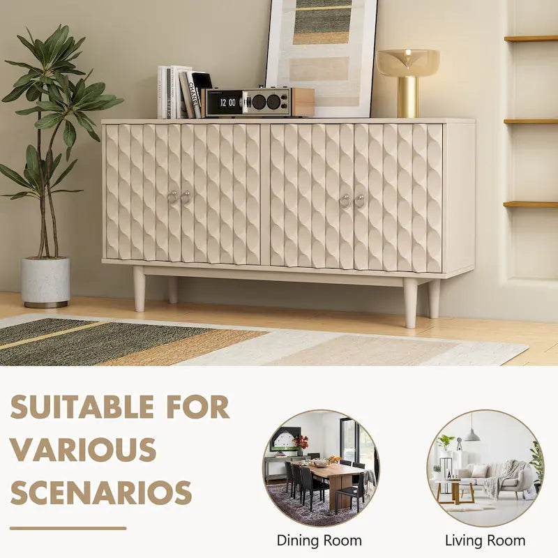 Buffet moderne à 4 portes avec portes à motif convexe et 2 poignées argentées