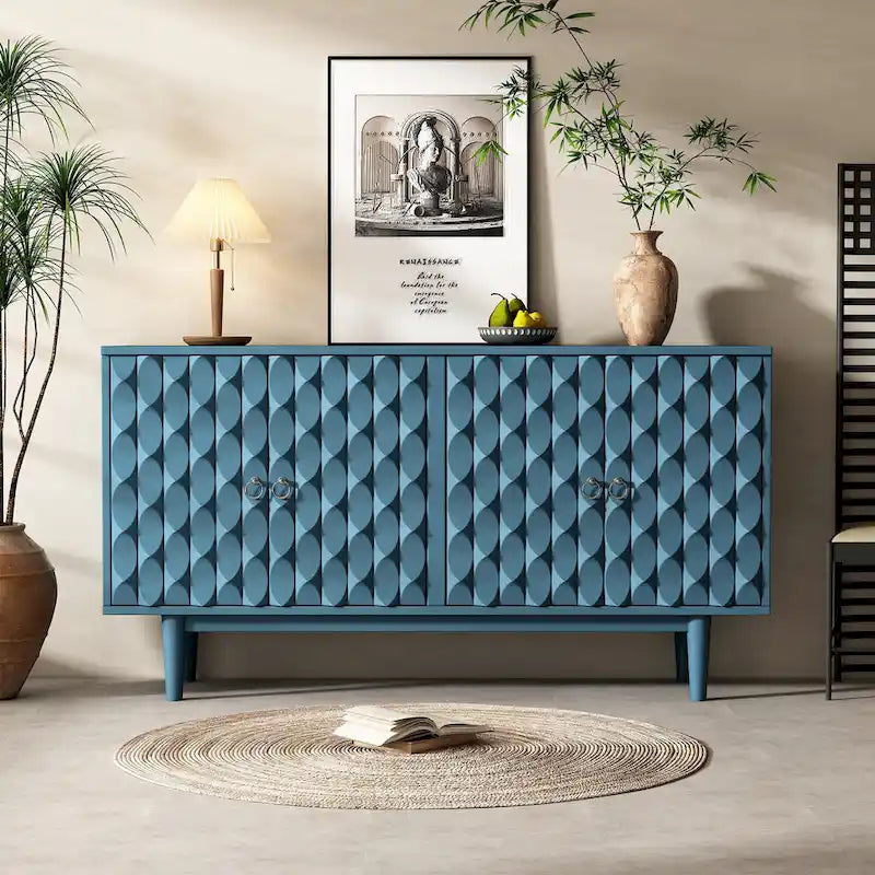 Buffet moderne à 4 portes avec portes à motif convexe et 2 poignées argentées