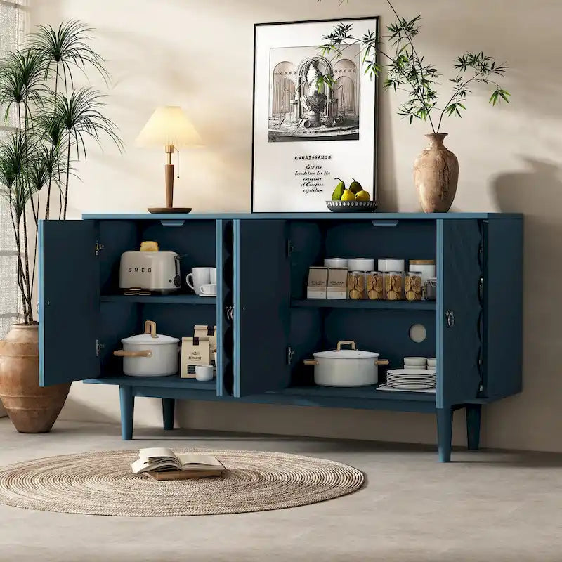 Buffet moderne à 4 portes avec portes à motif convexe et 2 poignées argentées
