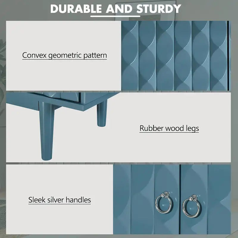 Buffet moderne à 4 portes avec portes à motif convexe et 2 poignées argentées