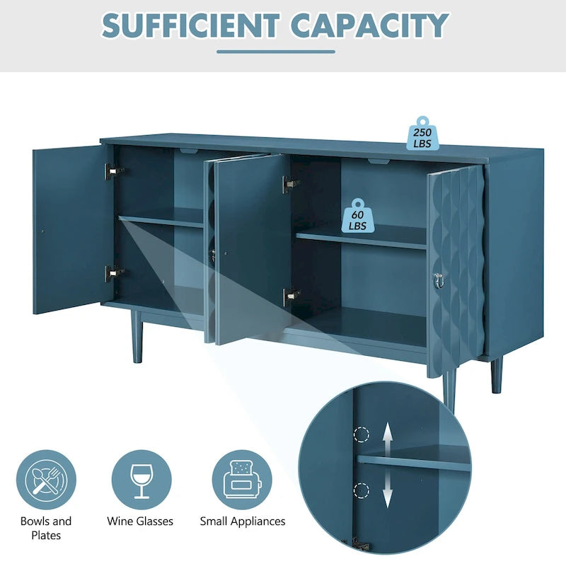 Buffet moderne à 4 portes avec portes à motif convexe et 2 poignées argentées