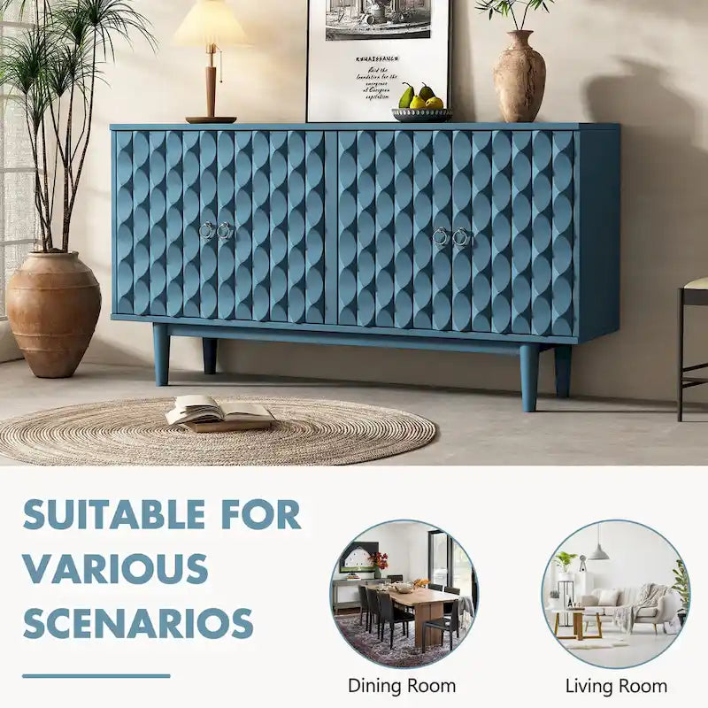 Buffet moderne à 4 portes avec portes à motif convexe et 2 poignées argentées