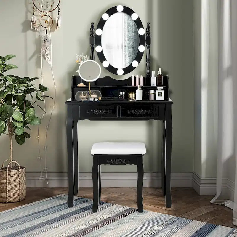 Table de coiffeuse Costway, 10 ampoules à intensité variable, noir, blanc, marron