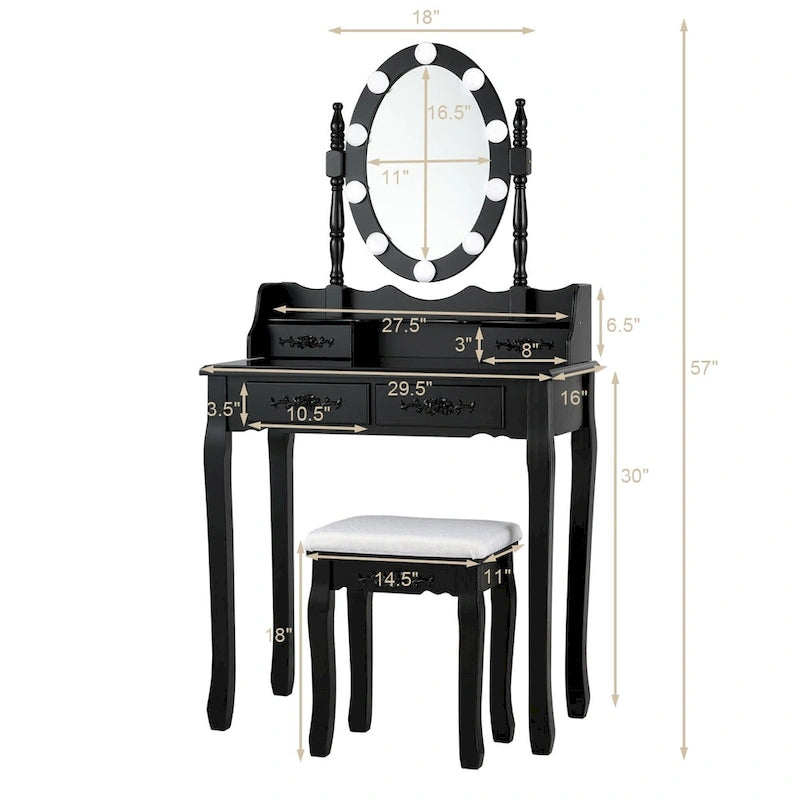 Table de coiffeuse Costway, 10 ampoules à intensité variable, noir, blanc, marron