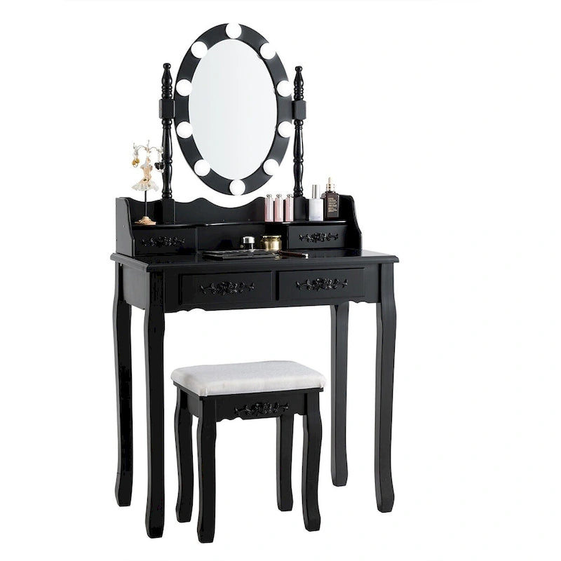 Table de coiffeuse Costway, 10 ampoules à intensité variable, noir, blanc, marron