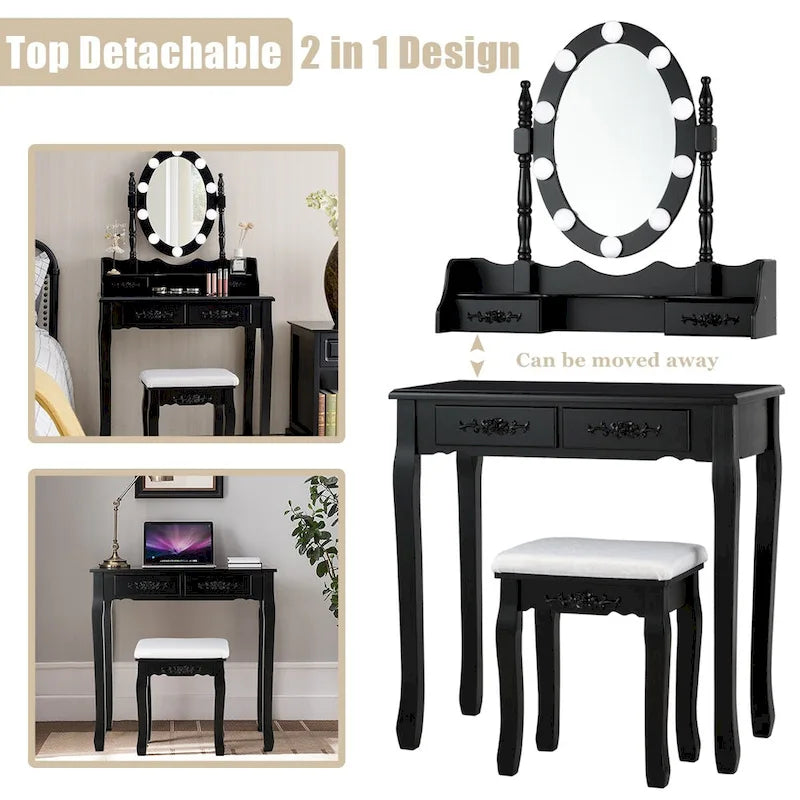 Table de coiffeuse Costway, 10 ampoules à intensité variable, noir, blanc, marron