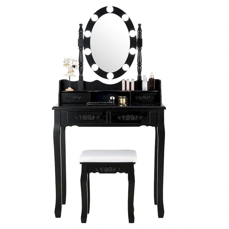 Table de coiffeuse Costway, 10 ampoules à intensité variable, noir, blanc, marron
