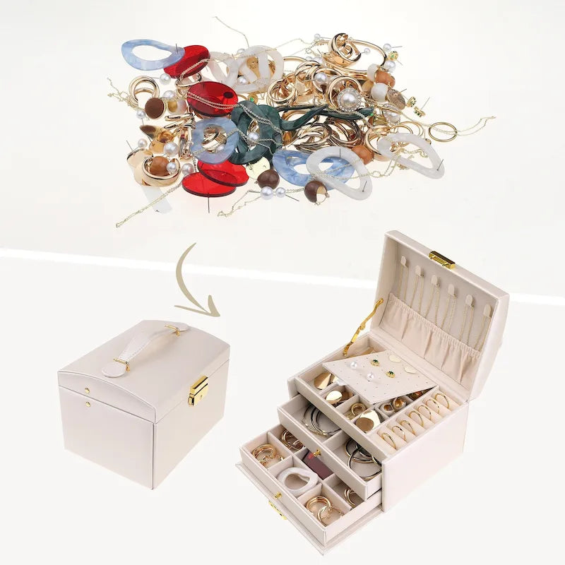 Boîte à bijoux à 3 niveaux pour femme, étui de rangement en cuir PU avec tiroir et plateau amovible.