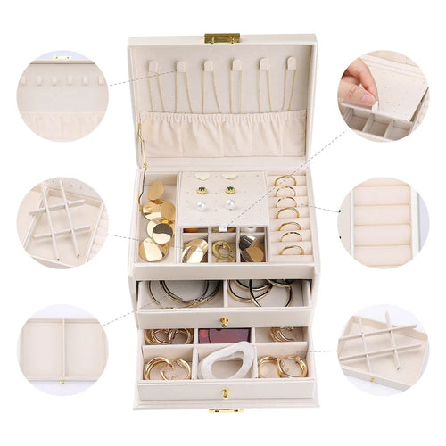Boîte à bijoux à 3 niveaux pour femme, étui de rangement en cuir PU avec tiroir et plateau amovible.