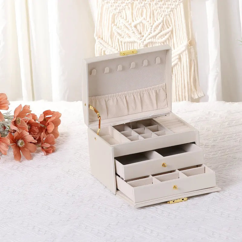 Boîte à bijoux à 3 niveaux pour femme, étui de rangement en cuir PU avec tiroir et plateau amovible.