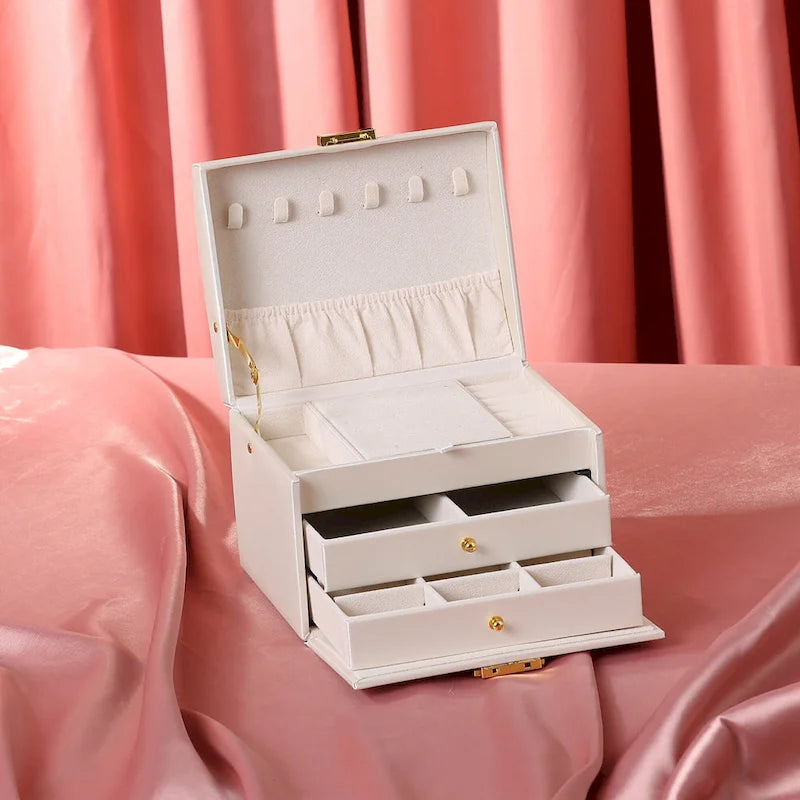 Boîte à bijoux à 3 niveaux pour femme, étui de rangement en cuir PU avec tiroir et plateau amovible.