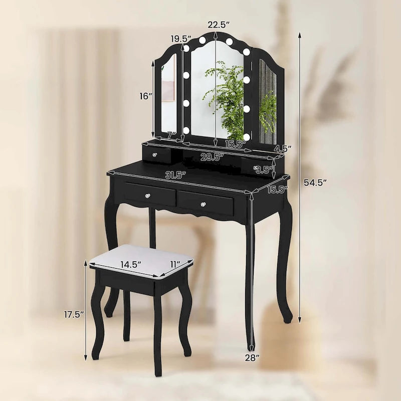 Ensemble coiffeuse Costway avec miroir triptyque, éclairage LED et 4 tiroirs - Voir les détails