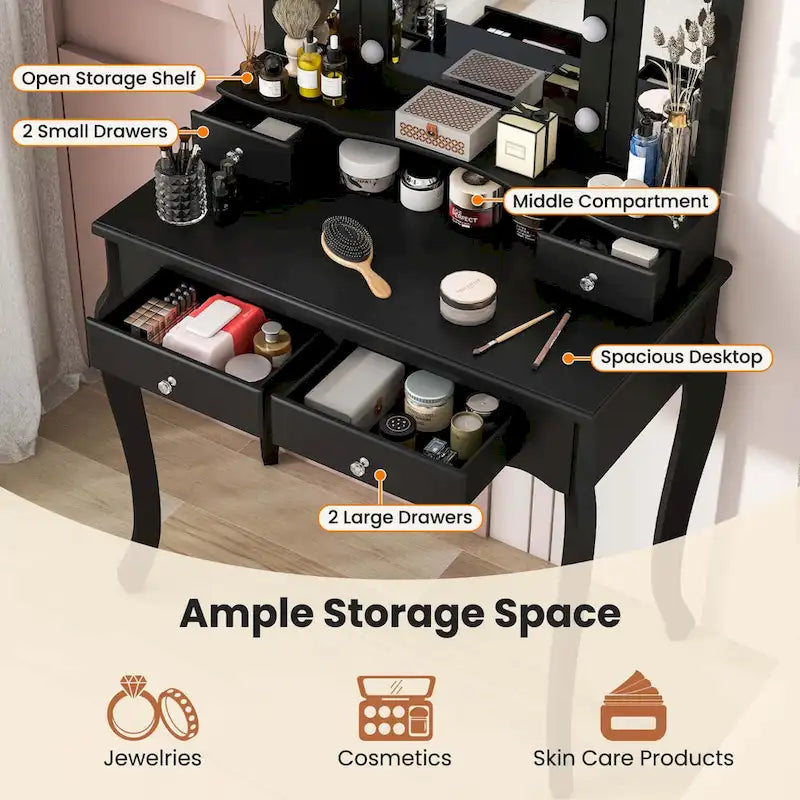 Ensemble coiffeuse Costway avec miroir triptyque, éclairage LED et 4 tiroirs - Voir les détails