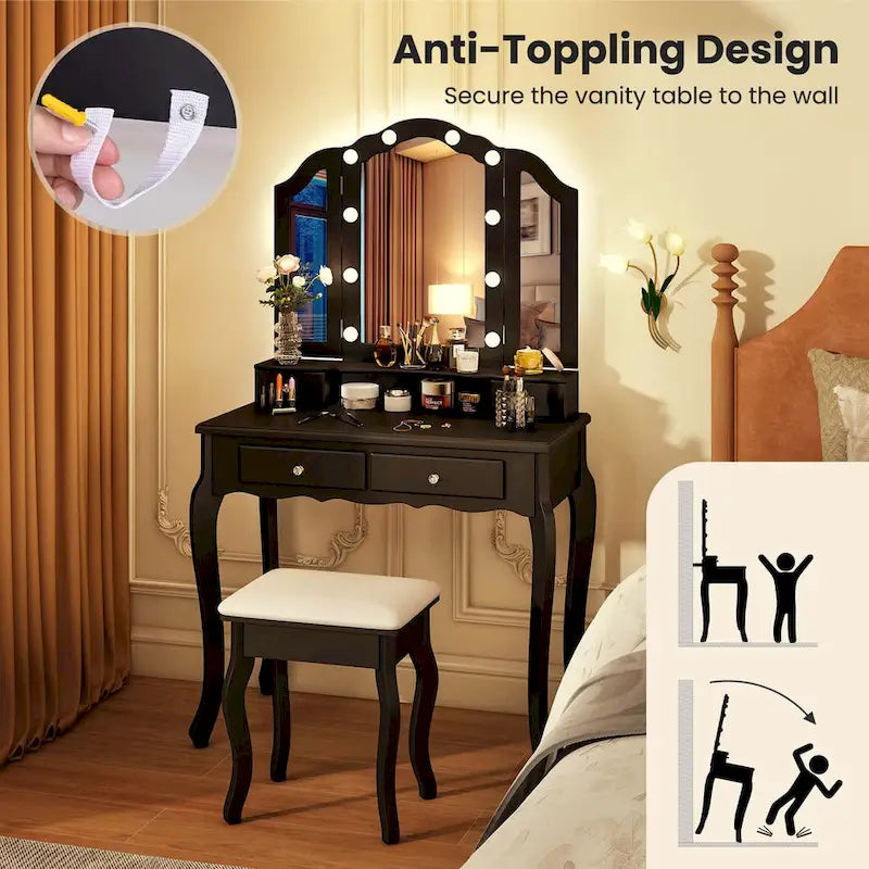 Ensemble coiffeuse Costway avec miroir triptyque, éclairage LED et 4 tiroirs - Voir les détails