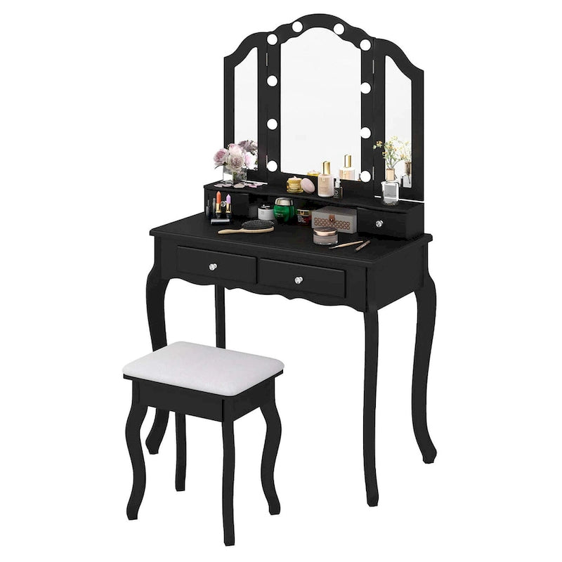 Ensemble coiffeuse Costway avec miroir triptyque, éclairage LED et 4 tiroirs - Voir les détails