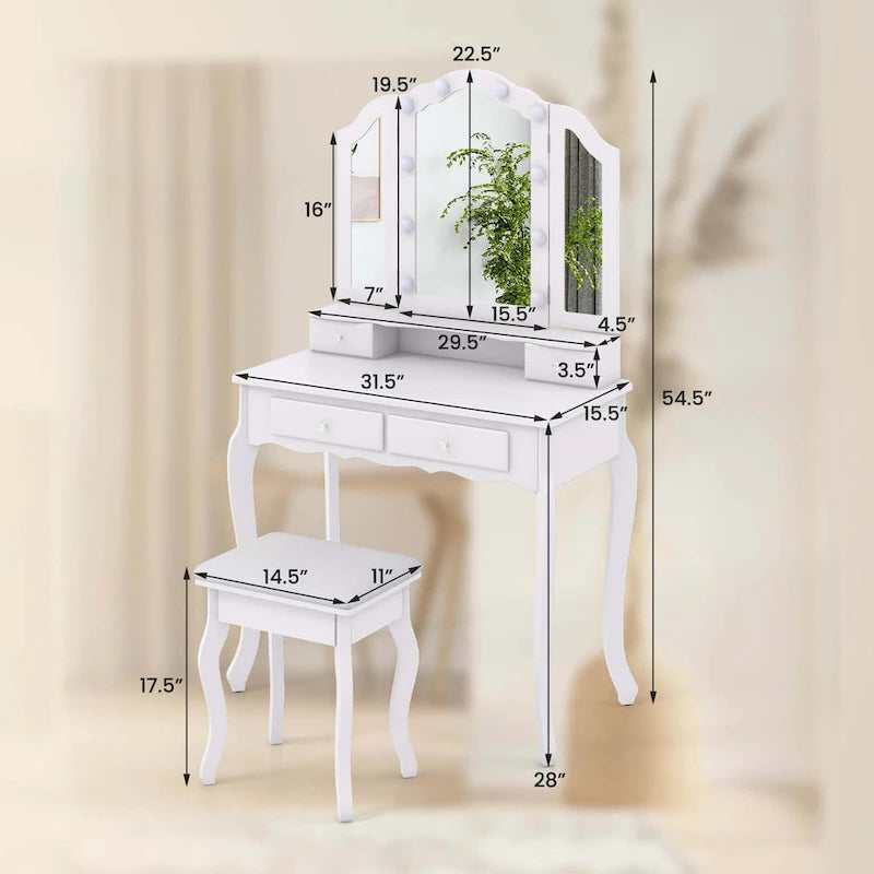 Ensemble coiffeuse Costway avec miroir triptyque, éclairage LED et 4 tiroirs - Voir les détails