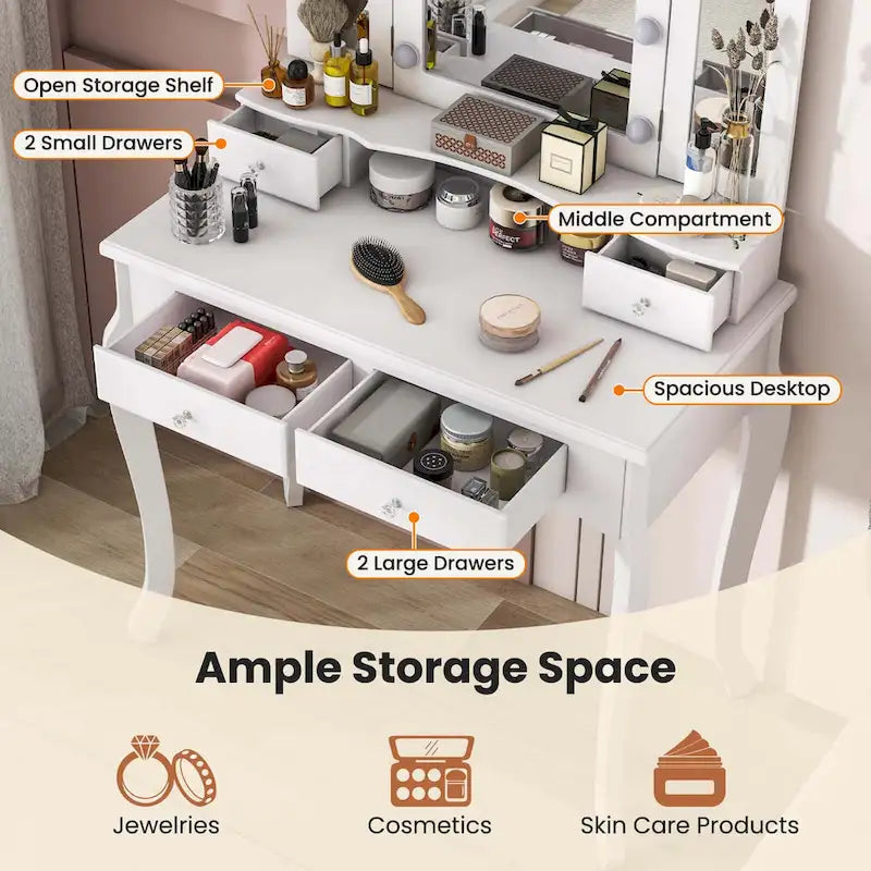 Ensemble coiffeuse Costway avec miroir triptyque, éclairage LED et 4 tiroirs - Voir les détails