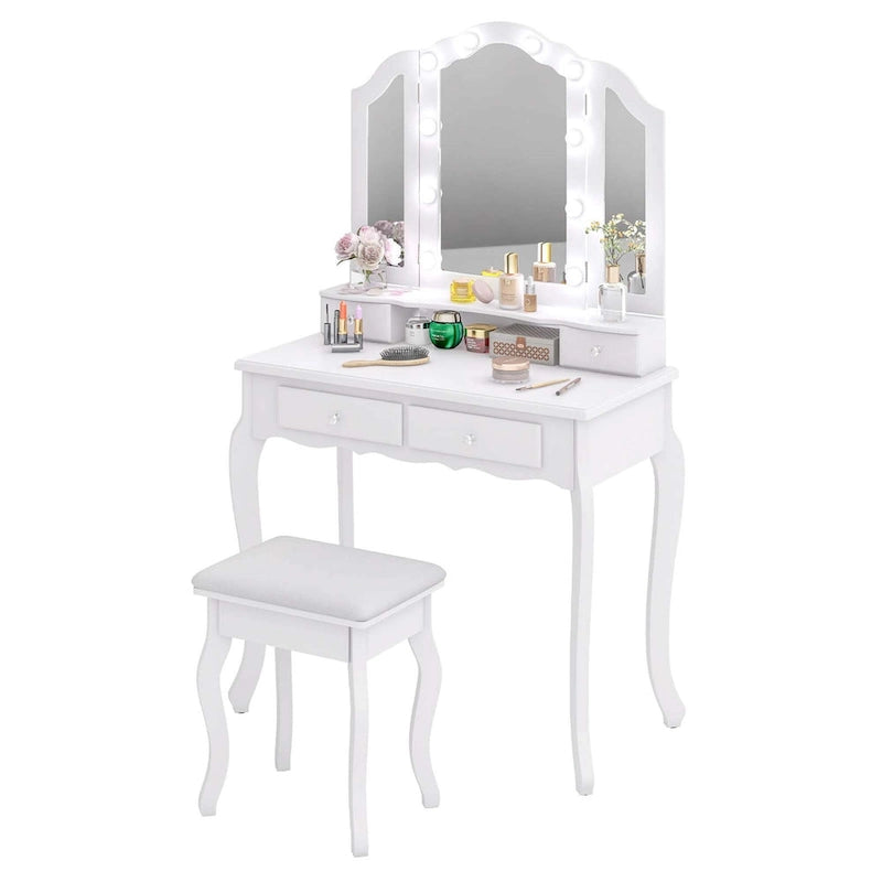 Ensemble coiffeuse Costway avec miroir triptyque, éclairage LED et 4 tiroirs - Voir les détails
