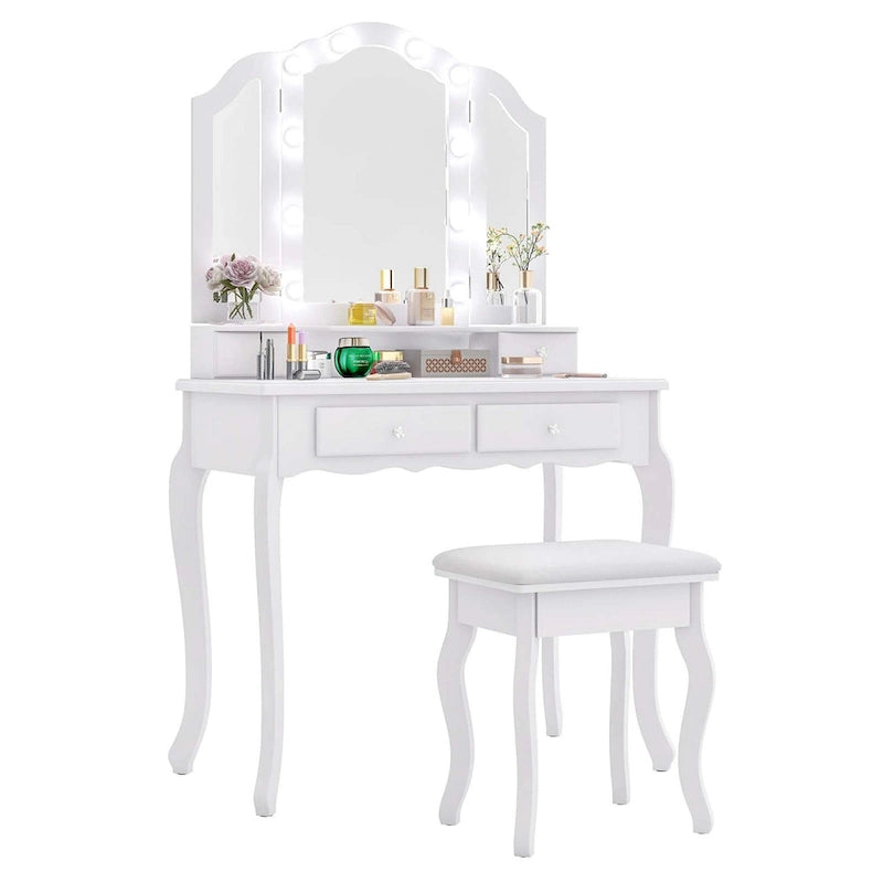 Ensemble coiffeuse Costway avec miroir triptyque, éclairage LED et 4 tiroirs - Voir les détails