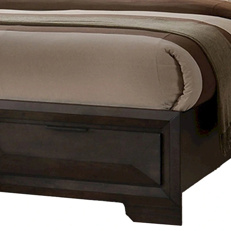 Lit Costa King Size, tête de lit bibliothèque, 2 tiroirs, bois massif brun foncé