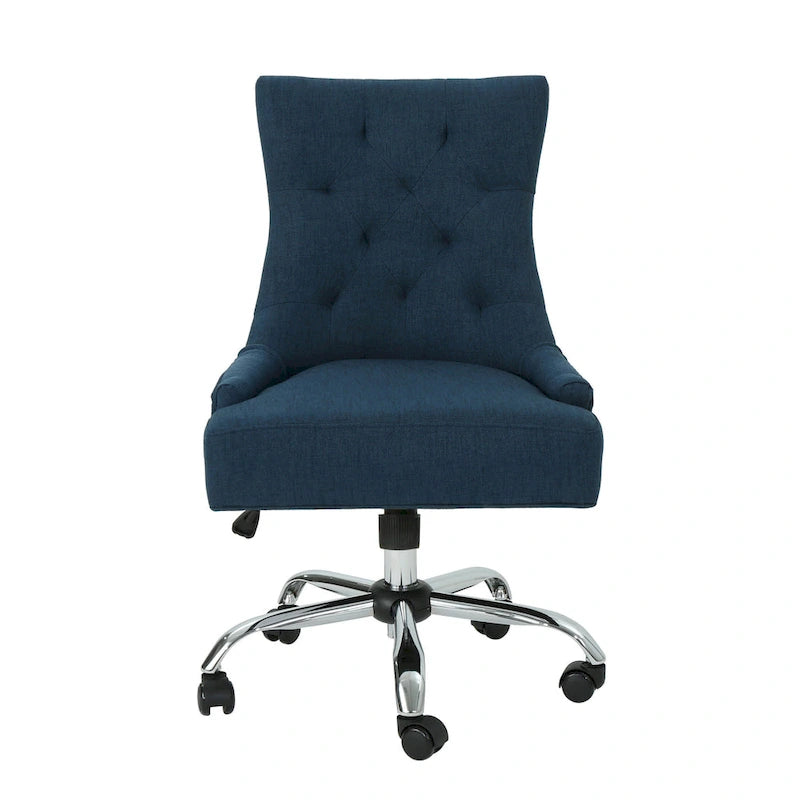 Fauteuil de bureau pivotant Ovi, tissu bleu marine, dossier capitonné, roulettes