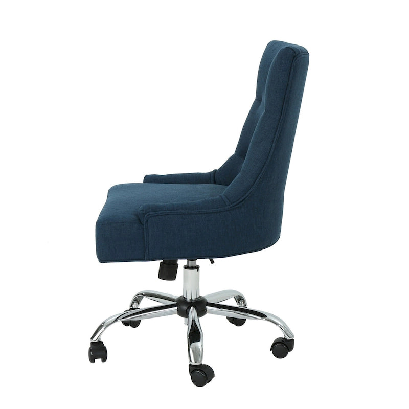 Fauteuil de bureau pivotant Ovi, tissu bleu marine, dossier capitonné, roulettes