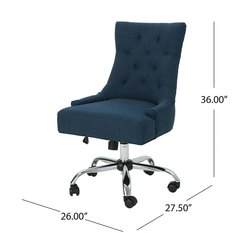 Fauteuil de bureau pivotant Ovi, tissu bleu marine, dossier capitonné, roulettes