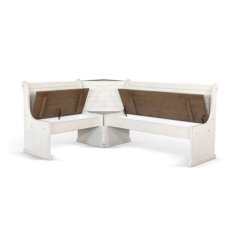 Ensemble coin repas d'angle Sime 4 pièces, table et banc de salle à manger blancs et bruns
