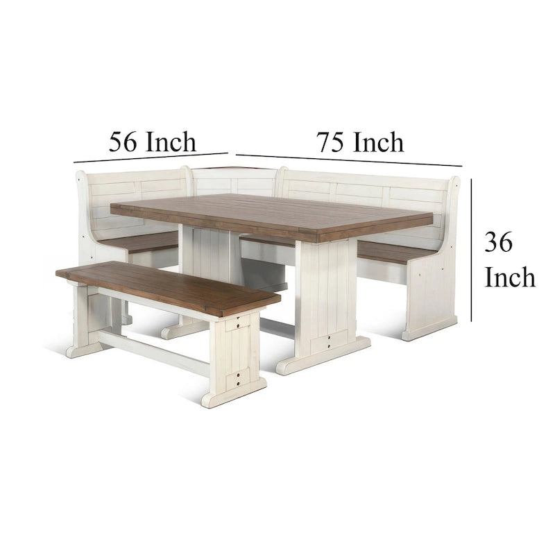 Ensemble coin repas d'angle Sime 4 pièces, table et banc de salle à manger blancs et bruns
