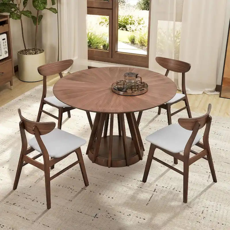 5 Pcs Solid Wood Dining Table Set, Round Kitchen Furniture Set with Wooden Pedestal Kitchen Table and 4 Upholstered Chairs