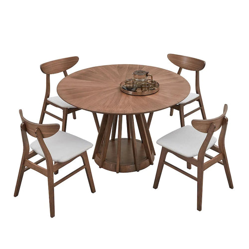 Ensemble de salle à manger 5 pièces en bois massif, ensemble de meubles de cuisine ronds avec table de cuisine à pied central en bois et 4 chaises rembourrées