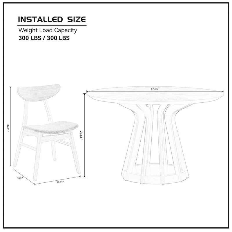 Ensemble de salle à manger 5 pièces en bois massif, ensemble de meubles de cuisine ronds avec table de cuisine à pied central en bois et 4 chaises rembourrées