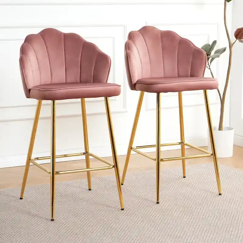 Velvet Shell Bar Stools Set of 2, Counter Height Chairs with Metal Legs, Upholstered Kitchen Island Chairs with Footres
