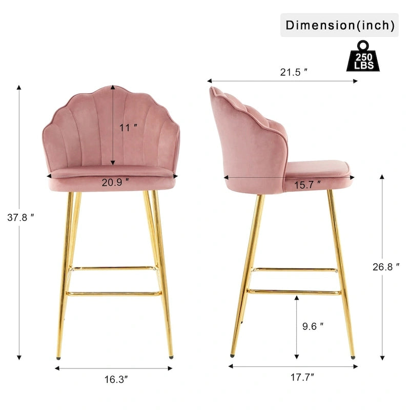 Ensemble de 2 tabourets de bar en velours, hauteur comptoir avec pieds en métal, chaises de cuisine rembourrées avec repose-pieds